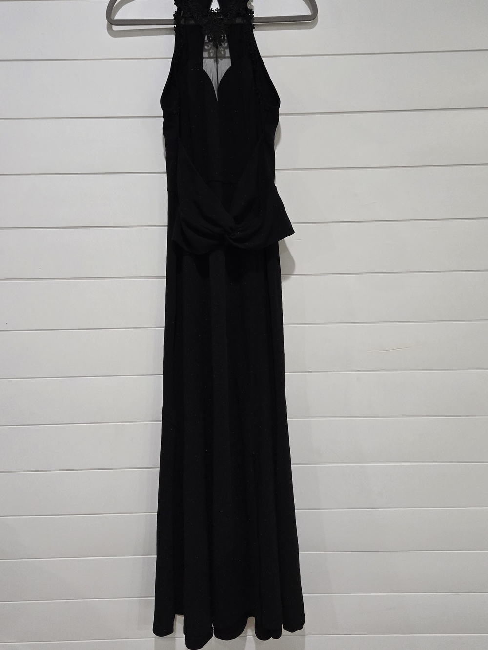 VFSHOW Black Foral Lace Applique Halter Maxi Dress Twist Waist Cut Out Back Sz L